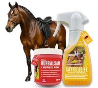 EMMA Jabón para sillín de piel + Huffett caballos rosa I Set de cuidado de cuero y caballos cuidado de piel lisa silla botas de cuero trense cuidado cuero coche sofá zapatos l bálsamo de cuero para