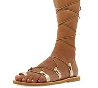 Emmanuela Sandalias altas de cuero en estilo griego antiguo, Sandalias de gladiador hechas a mano, Zapatos de verano, Sandalias con cordones Oro rosa, 36 EU