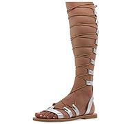 Emmanuela Sandalias de cuero de rodilla alta en estilo griego antiguo, Sandalias de gladiador planas hechas a mano con dedos abiertos, Zapatos de verano para atar, Plateado, 38 EU