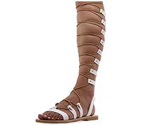 Emmanuela Sandalias de cuero de rodilla alta en estilo griego antiguo, Sandalias de gladiador planas hechas a mano con dedos abiertos, Zapatos de verano para atar, Blanco, 37 EU