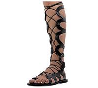 Emmanuela Sandalias de cuero de rodilla alta en estilo griego antiguo, Sandalias de gladiador planas hechas a mano con dedos abiertos, Zapatos de verano para atar, Negro, 36 EU