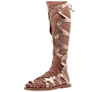 Emmanuela Sandalias de cuero de rodilla alta en estilo griego antiguo, Sandalias de gladiador planas hechas a mano con dedos abiertos, Zapatos de verano para atar, Oro rosa, 36 EU