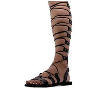 Emmanuela Sandalias de cuero de rodilla alta en estilo griego antiguo, Sandalias de gladiador planas hechas a mano con dedos abiertos, Zapatos de verano para atar, Negro, 36 EU