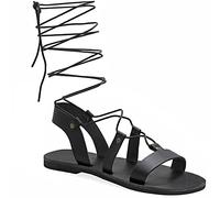 Emmanuela Sandalias de cuero estilo griego antiguo hasta la rodilla, hechas a mano con puntera abierta, sandalias de gladiador planas, zapatos de verano de calidad con tiras para mujer,Negro, 38 EU
