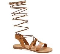 Emmanuela Sandalias de cuero estilo griego antiguo hasta la rodilla, hechas a mano con puntera abierta, sandalias de gladiador planas, zapatos de verano de calidad con tiras para mujer,Beige, 41 EU