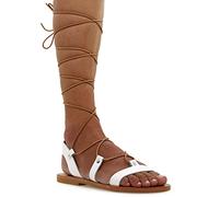 Emmanuela Sandalias de cuero estilo griego antiguo hasta la rodilla, hechas a mano con puntera abierta, sandalias de gladiador planas, zapatos de verano de calidad con tiras para mujer,Blanco, 38 EU