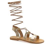 Emmanuela Sandalias de cuero estilo griego antiguo hasta la rodilla, hechas a mano con puntera abierta, sandalias de gladiador planas, zapatos de verano de calidad con tiras para mujer,Oro, 36 EU