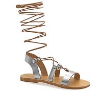 Emmanuela Sandalias de cuero estilo griego antiguo hasta la rodilla, hechas a mano con puntera abierta, sandalias de gladiador planas, zapatos de verano de calidad con tiras para mujer,Plateado, 40 EU