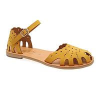 Emmanuela Sandalias de estilo griego antiguo, hechas a mano de piel con puntera cerrada, sandalias planas de calidad, ajustables con correa al tobillo, zapatos de verano para mujer, Mostaza, 36 EU