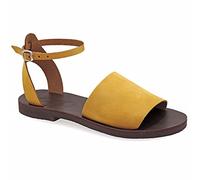 Emmanuela Sandalias de estilo griego antiguo, hechas a mano de piel de calidad con puntera abierta, sandalias planas con hebilla ajustable, zapatos de verano para mujer, Mostaza, 37 EU