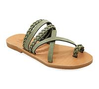 Emmanuela Sandalias de estilo griego con partes trenzadas, sandalias planas de cuero hechas a mano de calidad, sandalias planas en zapatos de verano para mujer, sandalias Slider, Verde Oliva, 11