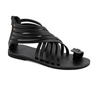 Emmanuela Sandalias de gladiador de piel griega con ejes de cremallera, zapatos de verano hechos a mano, sandalias planas estilo boho chic, Negro, 40 EU