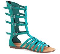 Emmanuela Sandalias de gladiador hechas a mano de cuero de la antigua Emmanuela griega, sandalias de becerro con cremallera en el vástago, sillas planas de verano para mujer, Turquesa, 38