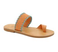 Emmanuela - Sandalias de piel griega bordadas con anillo para el dedo del pie, zapatos de verano de calidad hechas a mano, deslizadores de punta abierta, sandalias deslizantes, Salmón-turquesa, 41 EU