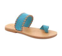 Emmanuela - Sandalias de piel griega bordadas con anillo para el dedo del pie, zapatos de verano de calidad hechas a mano, deslizadores de punta abierta, sandalias deslizantes, Turquesa-salmón, 36 EU