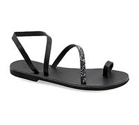 Emmanuela Sandalias de piel griega con anillo para el dedo, zapatos de verano hechos a mano, sandalias de tirantes, sandalias planas bohemias chic, plateadas, oro rosa, estampado animal, Negro, 42 EU