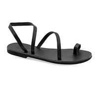 Emmanuela Sandalias de piel griega con anillo para el dedo, zapatos de verano hechos a mano, sandalias de tirantes, sandalias planas bohemias chic, plateadas, oro rosa, estampado animal, Negro, 38 EU