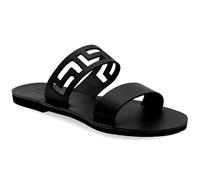 Emmanuela - Sandalias planas de cuero griegas antiguas hechas a mano con Meanders, zapatos de verano con tiras para mujer, deslizadores de punta abierta, estilo boho chic, Noir, 36 EU