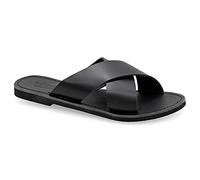 Emmanuela - Sandalias planas de cuero griegas hechas a mano, calidad deslizante, correa en X, zapatos de verano para mujer, puntera abierta, deslizadores cruzados con tirantes, Boho Chic, Negro, 40 EU