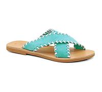 Emmanuela Sandalias planas de cuero griego, hechas a mano, de calidad, deslizantes en X, zapatos de verano para mujer, sandalias de punta abierta, sandalias boho chic, Turquoise-blanco, 40 EU