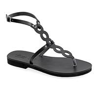 Emmanuela Sandalias planas de piel hechas a mano, zapatos de verano con cortes de pasaje para mujer, sandalias de tiras con puntera partida y correas ajustables, Negro, 37