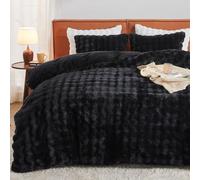 EMME Set de Sábana de Felpa 220x240 cm Negro - Juego de Cama Invierno Imitación Piel de Conejo, Incluye Funda Nórdica Ultra Caliente con Cremallera + 2 Fundas de Almohada 80x80