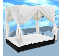 Emmtore Tumbona con Toldo Cortinas Ratán Sintético Negra Blanca Cama de Jardín