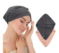 Emmy Home Toalla turbante para el pelo, 100% algodón, 2 unidades, secado rápido, turbante con botón, toalla para cabeza y pelo largo, toalla turbante para secador de pelo (rosa-antracita)