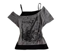 Emo Grunge Camisas para mujer, diseño gráfico de los años 2000, camisetas falsas de dos piezas de manga corta, vintage, Y2k, ropa gótica Alt, Gris Negro, S