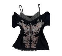 Emo Grunge Camisas para mujer, diseño gráfico de los años 2000, camisetas falsas de dos piezas de manga corta, vintage, Y2k, ropa gótica Alt, Negro rojo, S