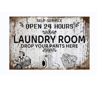 EMOHAT Letrero de metal para cuarto de lavado de 24 horas, decoración de pared para lavandería, deja tus pantalones aquí, decoración de pared, cartel retro vintage para lavandería, exterior e