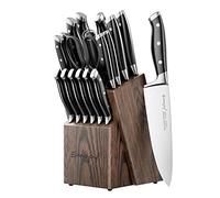 Emojoy Juego de cuchillos de cocina de 18 piezas con bloque de madera, afilado manual para juego de cuchillos de chef, acero inoxidable alemán