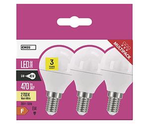Emos Bombilla led de 5 W, equivalente a una bombilla de 40 W. Casquillo E14, 470 lm, color blanco cálido, 2700 K, forma de miniglobo G45, 30000 horas de vida útil. Paquete de 3 unidades