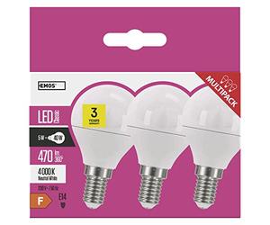 EMOS bombillas LED de 6 W equivalente a una bombilla incandescente de 40 W, casquillo E14, 470 lm, luz blanca neutra, 4000 K, mini globo G45, 30.000 horas de vida útil, Pack de 3
