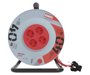 EMOS - Carrete de Cable de 40m con Cable alargador Reforzado - 4 enchufes Schuko - 230 V, 16 A, 3680 W - Aislamiento PVC - H05VV-F3G 2,5 mm2 - Protección contra sobrecalentamiento - IP20 para