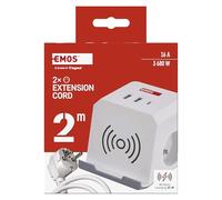 EMOS - Cubo de enchufe con estación de carga USB y QI, 2 enchufes franceses, 2 puertos USB-A, 1 puerto USB-C, 1 estación de carga Qi con soporte para teléfono móvil, cable de 2 m, mayor protección