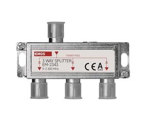 EMOS Distribuidor de antena de 3 vías, clase A, 3 vías, divisor SAT con conector F, totalmente blindado, 6 dB, frecuencia 5 - 2400 MHz, 1 entrada/3 salidas, antena SAT+TV, distribuidor de televisión