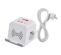 EMOS Enchufe con estación de Carga USB y QI, 2 enchufes Schuko, 2 Puertos USB-A, 1 Puerto USB-C, 1 estación de Carga Qi con Soporte para teléfono móvil, Cable de 2 m, Mayor protección táctil
