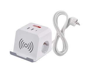 EMOS Enchufe con estación de Carga USB y QI, 2 enchufes Schuko, 2 Puertos USB-A, 1 Puerto USB-C, 1 estación de Carga Qi con Soporte para teléfono móvil, Cable de 2 m, Mayor protección táctil