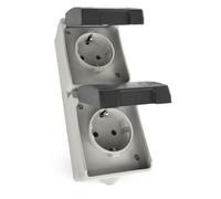 EMOS - Enchufe de 2 vías con protección de contacto con tapas abatibles - Montaje en superficie para montaje en pared vertical - Adecuado para ambientes húmedos y exteriores, 250 V~/16 A máximo, clase