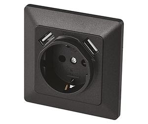 EMOS Enchufe empotrado A6000.3 con 2 puertos USB Schuko, sistema 55 enchufes de protección de contacto, 5 V/2,1 A para teléfono móvil o smartphone, antracita, 4000 W, 250 V, negro