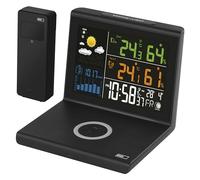 EMOS Estación meteorológica de radio con cargador inalámbrico Qi, pantalla a color VA, fuente de alimentación y sensor exterior, funciones termómetro, higrómetro, pronóstico del tiempo, pantalla de