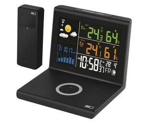 EMOS Estación meteorológica de radio con cargador inalámbrico Qi, pantalla a color VA, fuente de alimentación y sensor exterior, funciones termómetro, higrómetro, pronóstico del tiempo, pantalla de