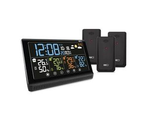 EMOS - Estación meteorológica inalámbrica con 3 sensores exteriores y puerto USB - Termómetro, higrómetro, barómetro, predicción, memoria - Reloj controlado por radio con despertador, calendario