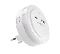 EMOS Luz nocturna LED para toma de corriente con salida USB-C y USB-A, 5,0 V/3,4 A - Interruptor y sensor crepuscular - Luz de orientación para habitación infantil, escalera, dormitorio, cocina,