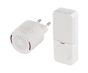 EMOS Mini timbre y botón de 10 melodías, alcance de 150 m, 5 niveles de volumen (0-85 dB), timbre blanco en miniatura, botón impermeable con pilas, botón adicional disponible