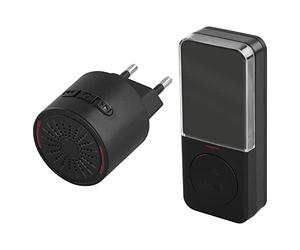 EMOS Mini timbre y botón de 10 melodías, alcance de 150 m, 5 niveles de volumen (0-85 dB), timbre en miniatura negro, botón impermeable con pilas, botón adicional disponible