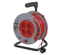 EMOS - Carrete de Cable de 15m - 4 enchufes Schuko - 230 V, 10 A, 2300 W - Aislamiento de PVC H05VV-F3G 1,0 mm2 - Protección contra sobrecalentamiento, Freno de Bobina - IP20 para