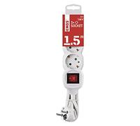 EMOS - Regleta de 3 enchufes de 1,5 m con Interruptor - 3 Tomas Schuko giran 45° - 250 V, 16 A, 3680 W - Aislamiento PVC - H05VV-F3G 1,5 mm2 - Mayor protección táctil - IP20 para Interiores - Blanco
