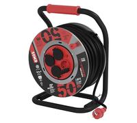 EMOS tambor cable 50 m acero, 4 Schuko, 230 V 16 A 3680 W, goma H07RN-F 1.5 mm², IP44, resistente agua, golpes, aceite, intemperie